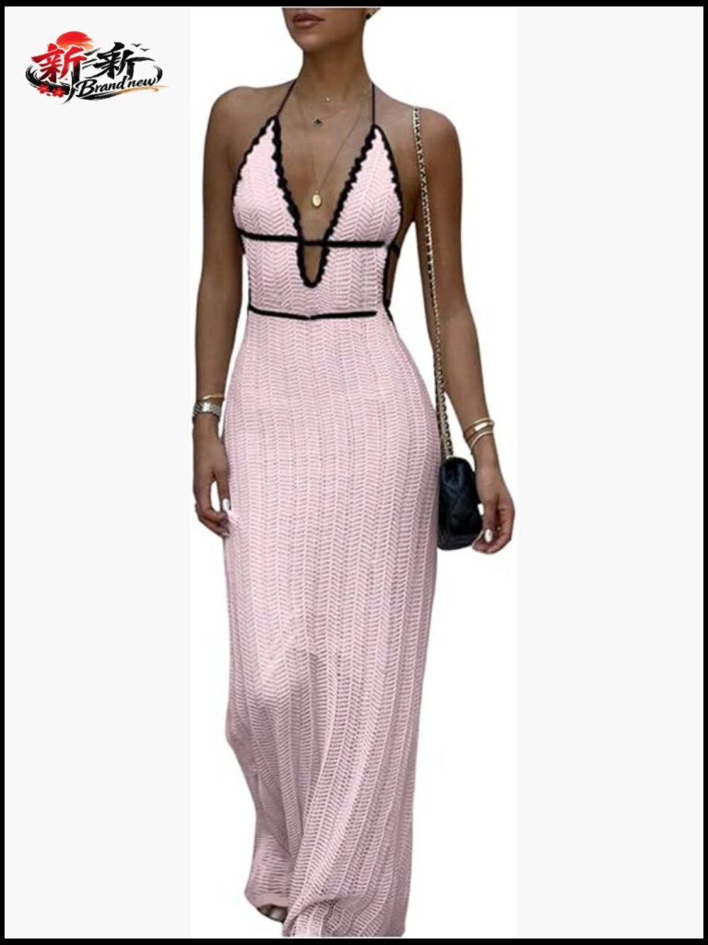 Tie Backless Maxi Halter Dress Deep V Neck Sleeveless Knit Elegant